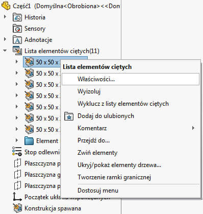 właściwości konstrukcji spawanej solidworks