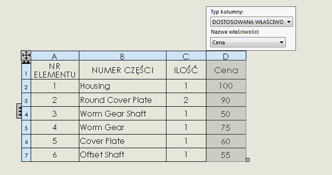 Dodanie nowej kolumny oraz podpięcie informacji o ogólnej cenie solidworks lista materiałów bom.png