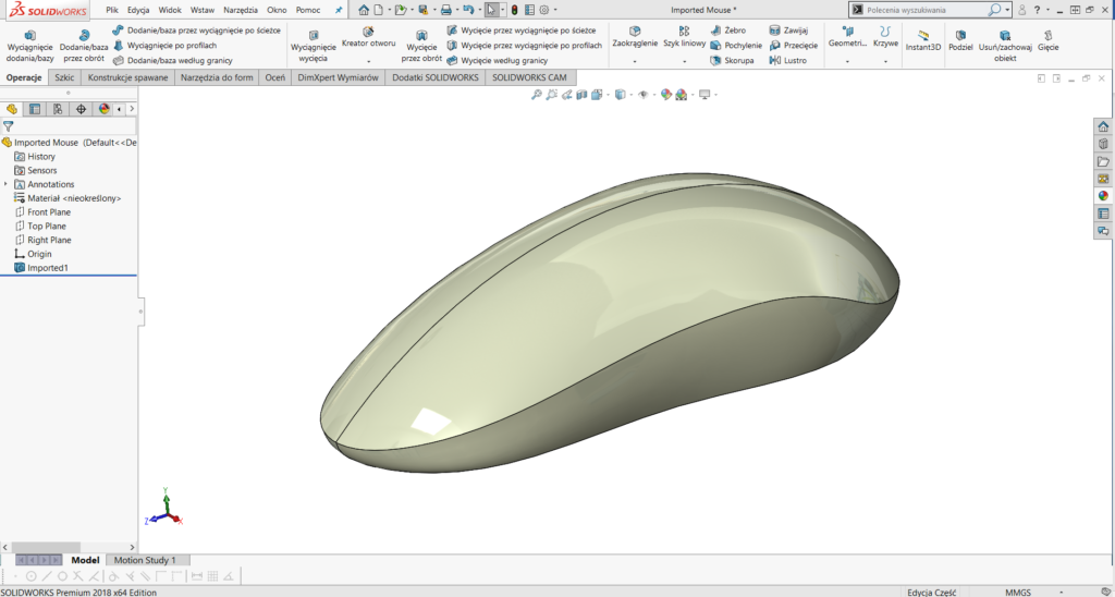 Model myszki komputerowej zaimportowanej do SOLIDWORKS