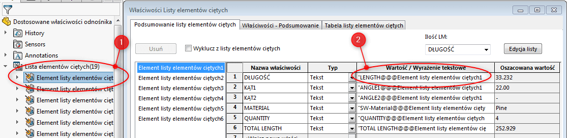 drzewo operacji feature manager solidworks lista elementów ciętych konstrukcje spawane