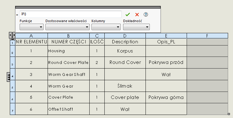 funkcja jeżeli solidworks lista materiałowa bom
