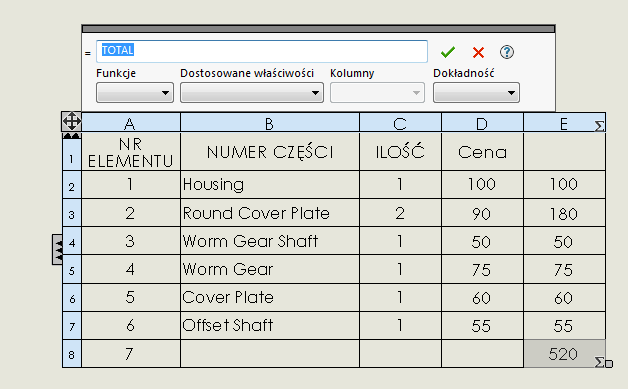 funkcje listy materiałowej solidworks bom