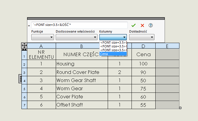 kolumna lista meteriałów sumowanie solidworks bom