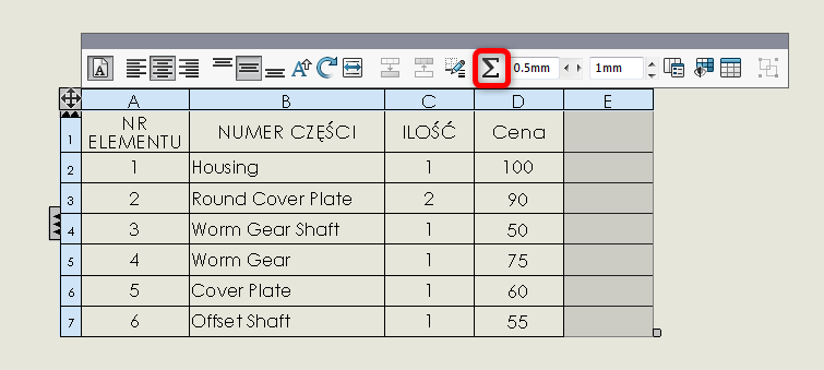 lista materiałów bom solidworks równania ilość cena