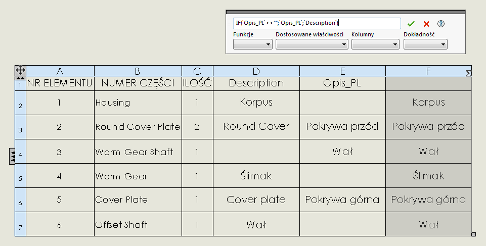 problem z listą materiałową solidworks bom