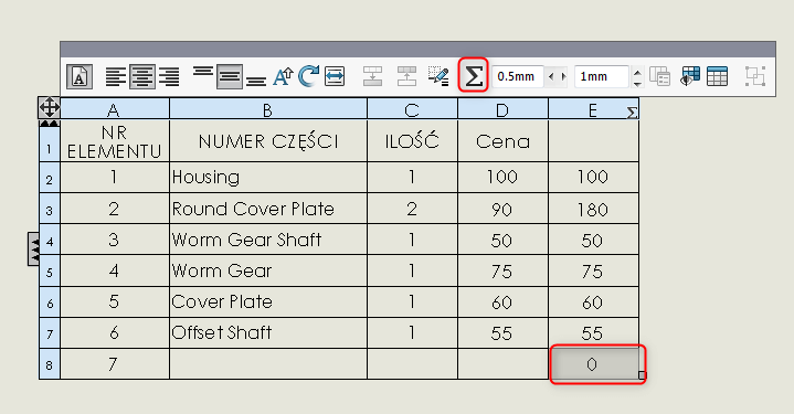 suma całkowita sumowanie lista materiałów solidworks bom
