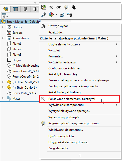 złożenie solidworks pokaż wraz z elementami zależnymi