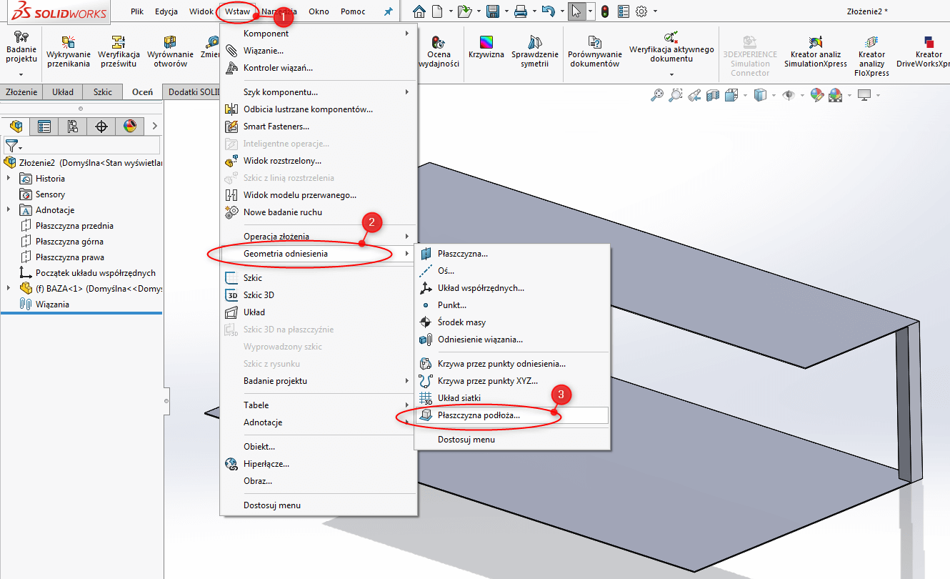 solidworks złożenie geometria odniesienia płaszczyzna podłoża