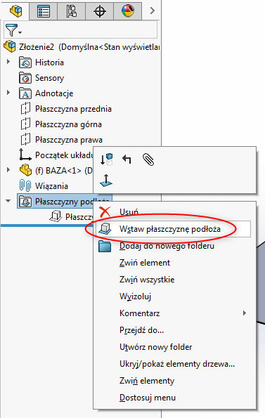 wstaw płaszczyzne podłoża solidworks złożenie złożenia