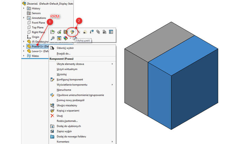 Funkcja Gniazdo - edycja części w SOLIDWORKS