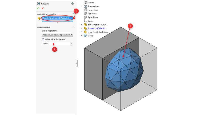 Komponenty projektu - operacja gniazdo - SOLIDWORKS