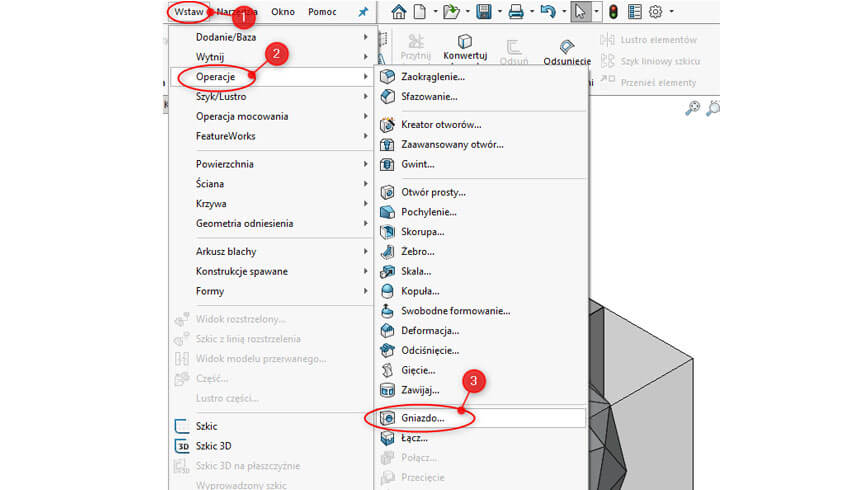 Operacja Gniazdo w SOLIDWORKS - projektowanie formy