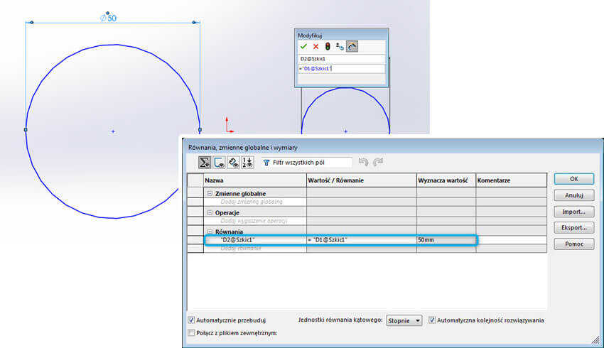 Równania w SOLIDWORKS