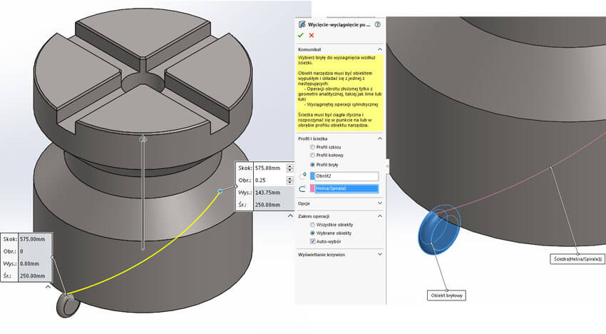 Wycięcie wyciągnięcie po ścieżce - SOLIDWORKS