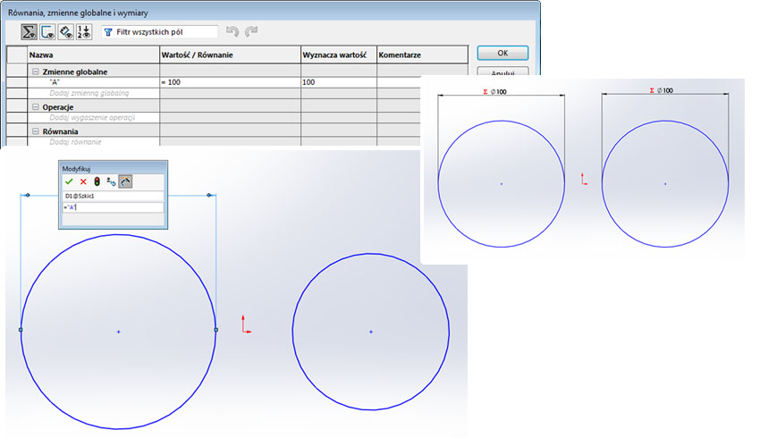 Wymiary połączone, zmienne globalne, relacje SOLIDWORKS