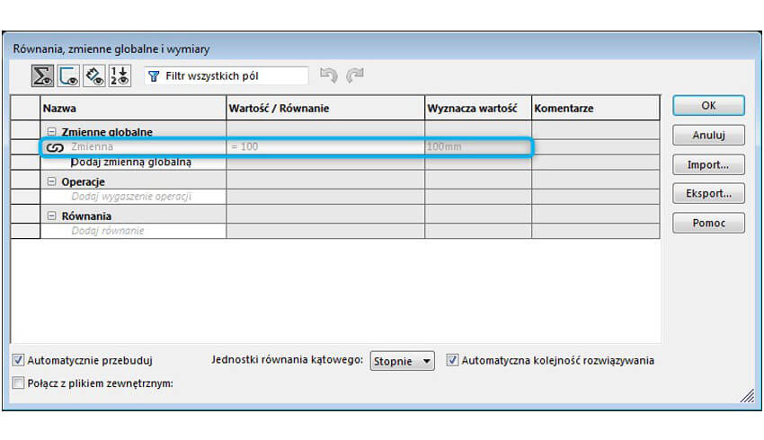 Zmienna globalna SOLIDWORKS