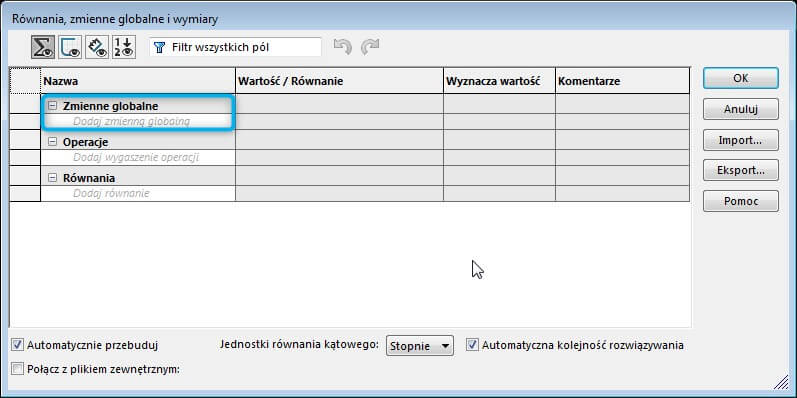 Zmienne globalne w SOLIDWORKS