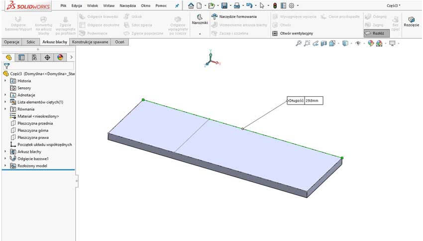 Ubytek materiału w tabeli zgięć - SOLIDWORKS