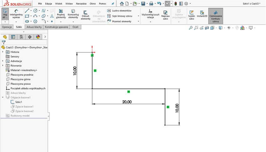 Ubytek materiału w tabeli zgięć - SOLIDWORKS