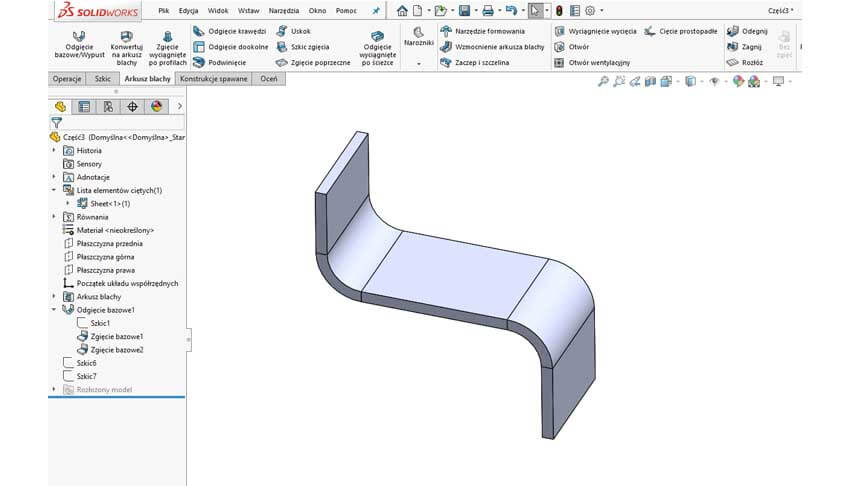 Ubytek materiału w tabeli zgięć - SOLIDWORKS