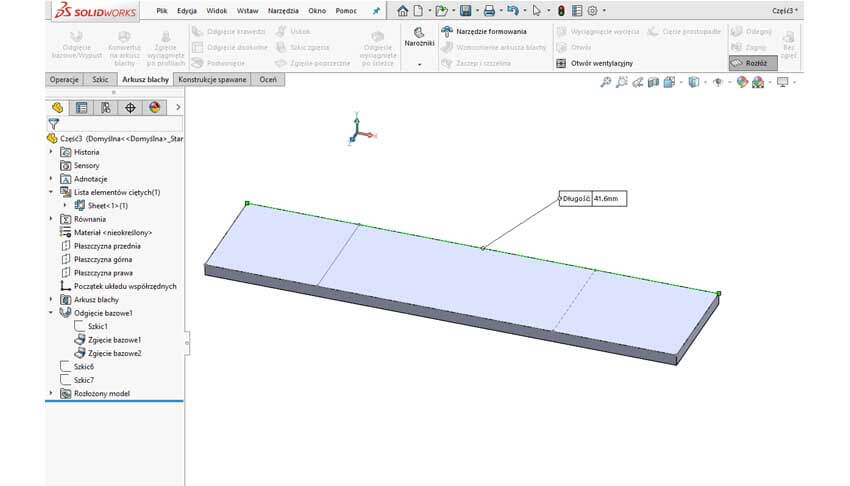Ubytek materiału w tabeli zgięć - SOLIDWORKS