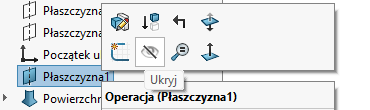 Wyłączenie widoczności Płaszczyzny1 w drzewie FeatureManager