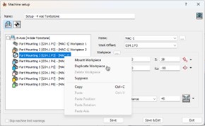 Okno Machine setup w SolidCAM z rozwiniętym menu kontekstowym i opcją Duplicate Workpiece na liście zamocowań detali
