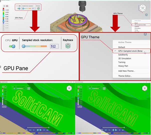 Panel GPU z ustawieniem Sampled stock resolution, lista GPU Theme oraz porównanie dwóch okien symulacji SolidCAM