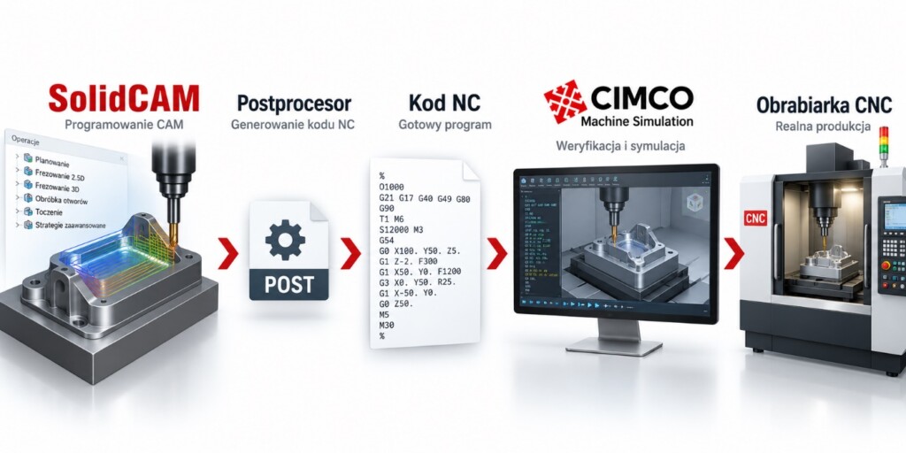 Schemat przepływu danych: SolidCAM, postprocesor, kod NC, CIMCO Machine Simulation i obrabiarka CNC