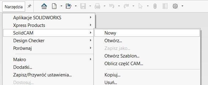 Menu Narzędzia > SolidCAM > Nowy w wersji 2026, bez podmenu wyboru metody obróbki
