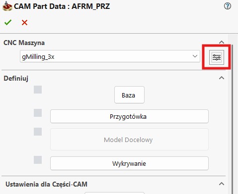 Okno CAM Part Data z polem CNC Maszyna i wyróżnionym przyciskiem otwierającym filtr maszynowy