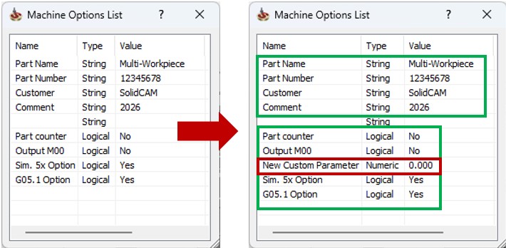 Porównanie okna Machine Options List przed i po konwersji: zachowane wartości parametrów i dodany nowy parametr użytkownika