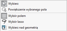 Rozwinięte menu zaznaczania z pozycjami Wybierz, Powiększenie wybranego pola, Wybór polem, Wybór lasso i Wybierz nad geometrią