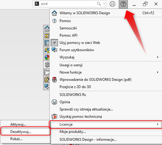 Menu Pomoc w SOLIDWORKS z rozwiniętą pozycją Licencje i wyróżnioną opcją Dezaktywuj