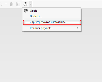 Menu pod ikoną koła zębatego z wyróżnioną pozycją Zapisz lub przywróć ustawienia